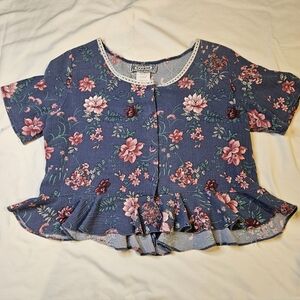 Vintage 80s/90s Bonjour Floral Ruffled Crop Blouse Button Up Womens Medium